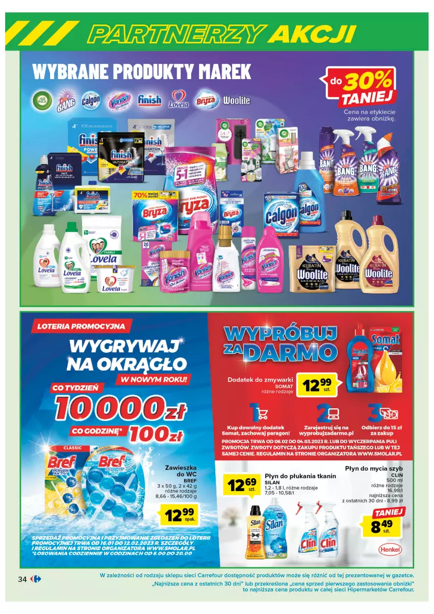 Gazetka promocyjna Carrefour - Gazetka Marki znane i lubiane - ważna 07.02 do 25.02.2023 - strona 34 - produkty: Bref, Clin, Mola, Płyn do mycia, Płyn do płukania, Silan, Somat, Zmywarki