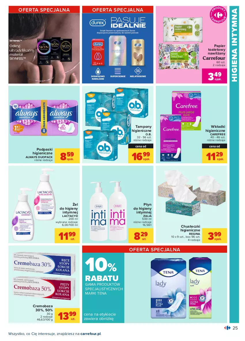 Gazetka promocyjna Carrefour - Gazetka Carrefour - ważna 28.06 do 10.07.2021 - strona 25 - produkty: Always, Carefree, Chusteczki, Gin, Lactacyd, O.B., Papier, Papier toaletowy, Płyn do higieny intymnej, Podpaski, Tampony, Wkładki, Ziaja