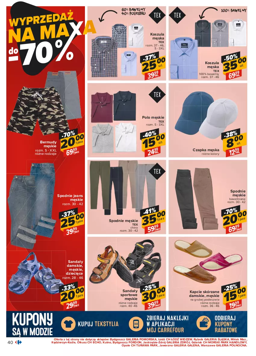 Gazetka promocyjna Carrefour - Gazetka Carrefour - ważna 28.06 do 10.07.2021 - strona 40 - produkty: Bermudy, Czapka, Dzieci, Kapcie, Kosz, Koszula, Por, Sandał, Spodnie, Spodnie jeans, Sport