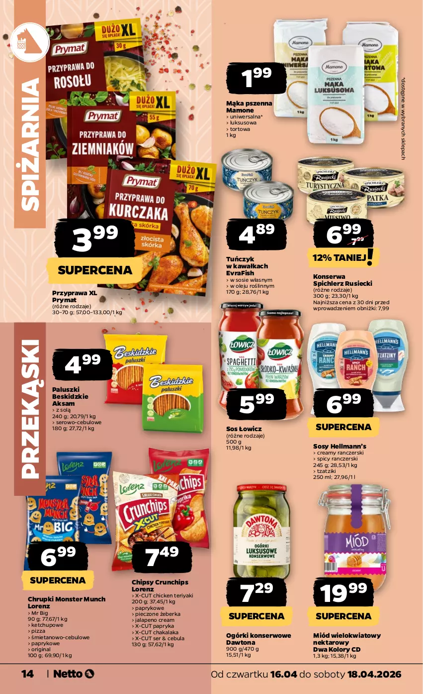 Gazetka promocyjna Netto - Od Czwartku - ważna 16.04 do 18.04.2026 - strona 14 - produkty: Aksam, Beskidzki, Cebula, Chipsy, Chrupki, Crunchips, Dawtona, Gin, Hellmann’s, Kawa, Ketchup, Lorenz, Mąka, Mąka pszenna, Miód, Monster Munch, Nektar, Ogórki konserwowe, Olej, Papryka, Piec, Pizza, Prymat, Ser, Sos, Spichlerz Rusiecki, Tuńczyk