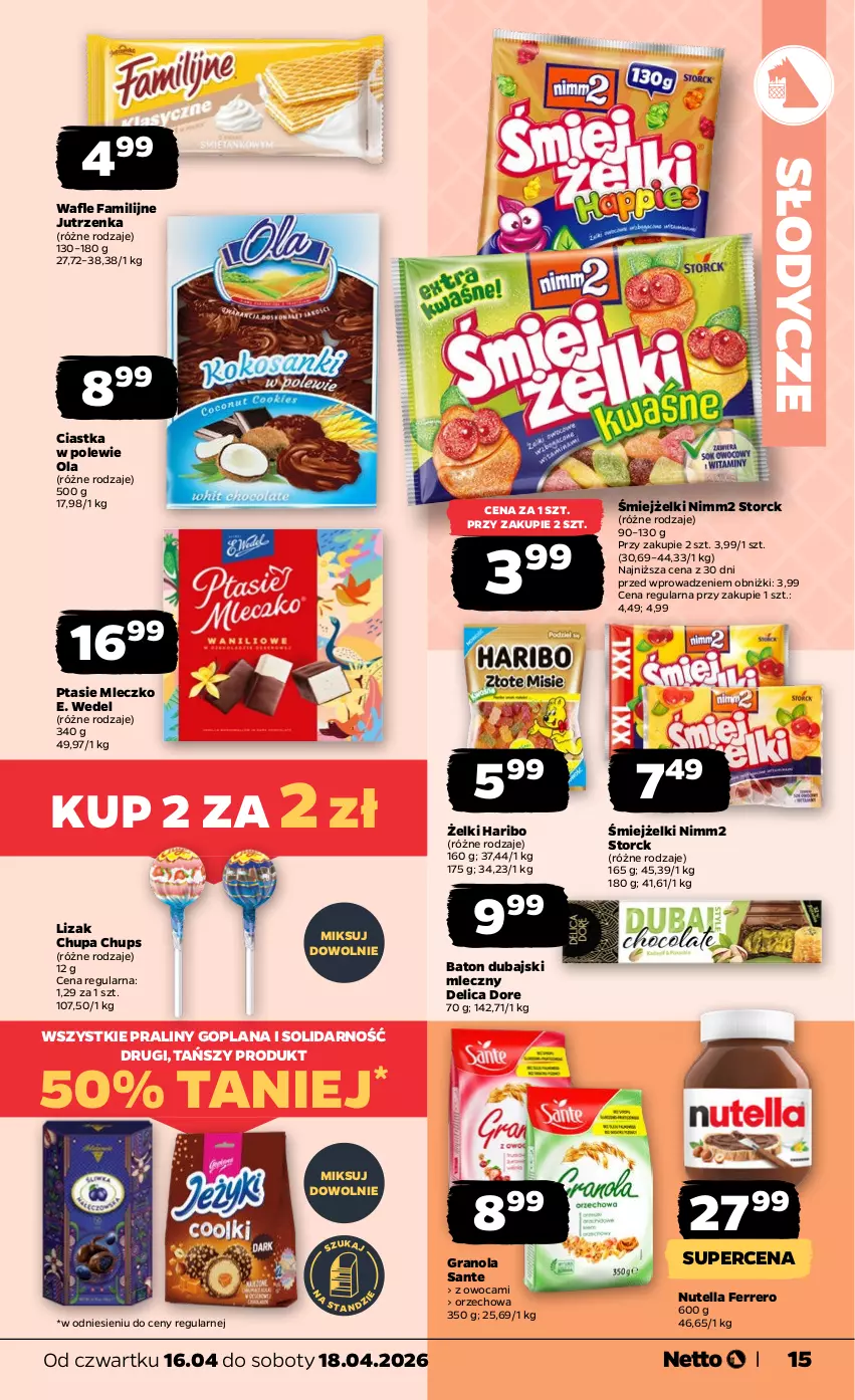 Gazetka promocyjna Netto - Od Czwartku - ważna 16.04 do 18.04.2026 - strona 15 - produkty: Baton, Chupa Chups, Ciastka, E. Wedel, Fa, Ferrero, Goplana, Gra, Granola, Haribo, Jutrzenka, LANA, Mleczko, Nimm2, Nutella, Praliny, Ptasie mleczko, Sante, Wafle