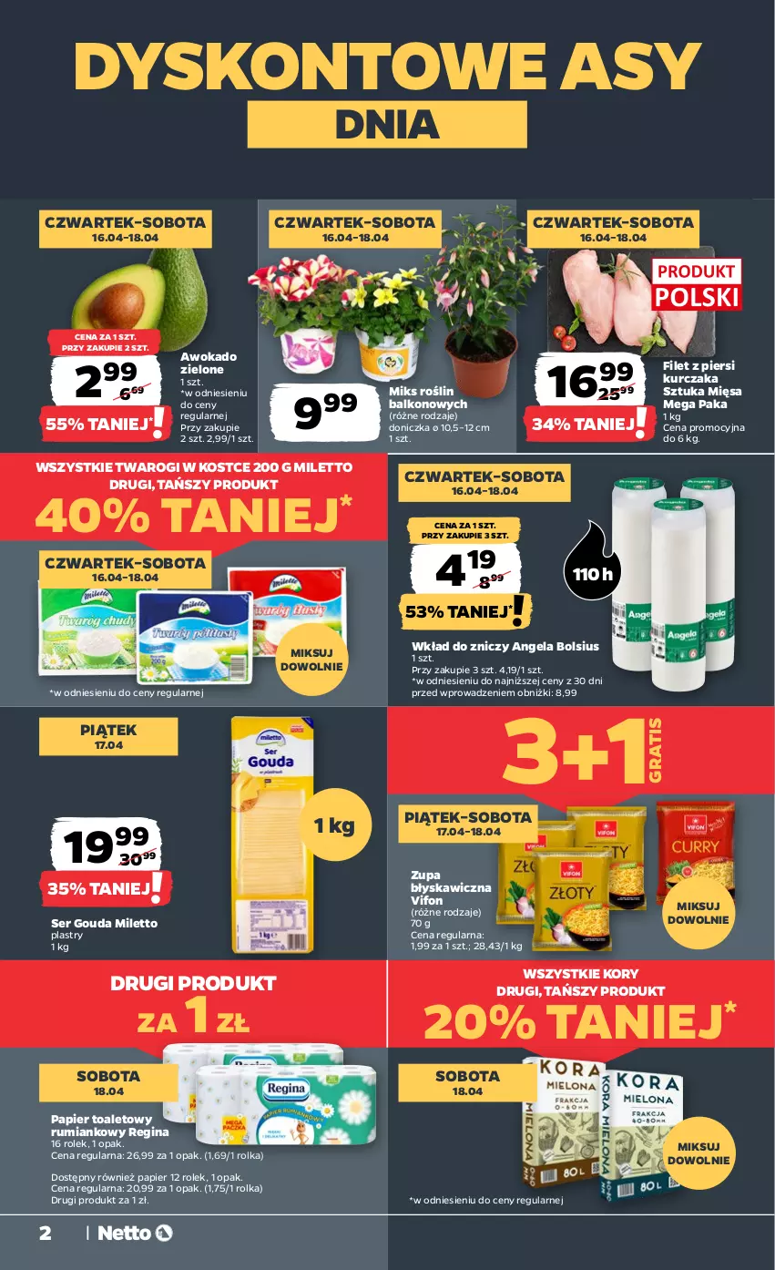 Gazetka promocyjna Netto - Od Czwartku - ważna 16.04 do 18.04.2026 - strona 2 - produkty: Bols, Bolsius, Filet z piersi kurczaka, Gin, Gouda, Gra, Kurczak, Papier, Papier toaletowy, Rum, Ser, Znicz, Zupa