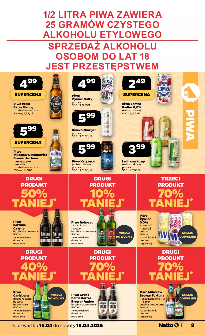 Gazetka promocyjna Netto - Od Czwartku - ważna 16.04 do 18.04.2026 - strona 9 - produkty: Burger, Carlsberg, Fortuna, Gra, Książęce, Perła, Piwa, Piwo, Por, Radler