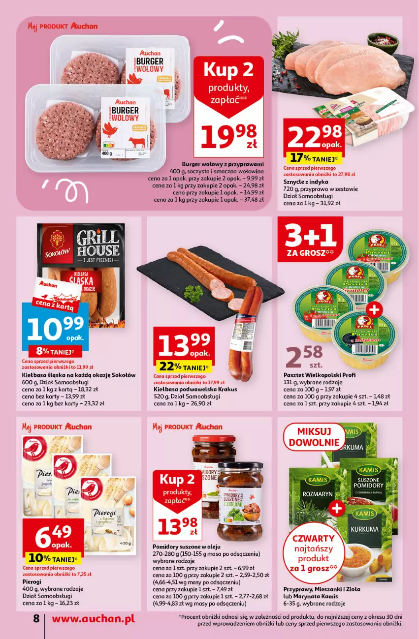 Gazetka promocyjna Auchan - Gazetka Oferty tygodnia Moje Auchan - ważna 23.05 do 29.05.2024 - strona 8 - produkty: Burger, Kamis, Kiełbasa, Kiełbasa podwawelska, Kiełbasa śląska, Krakus, Olej, Pasztet, Pierogi, Pomidory, Przyprawy, Sok, Sokołów, Suszone pomidory, Wawel, Wołowina