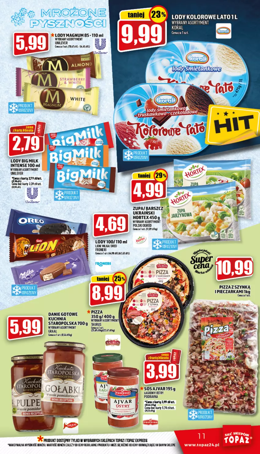 Gazetka promocyjna Topaz - Gazetka - ważna 14.07 do 20.07.2022 - strona 11 - produkty: Big Milk, Danie gotowe, Gra, Graal, Hortex, Lion, Lody, Milka, Piec, Pieczarka, Pizza, Sok, Top