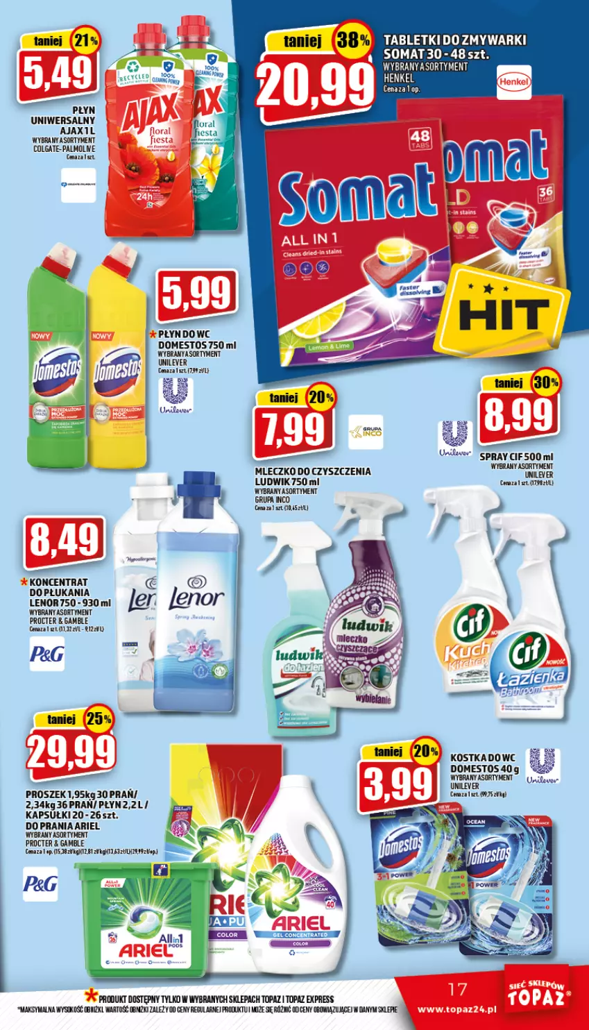 Gazetka promocyjna Topaz - Gazetka - ważna 14.07 do 20.07.2022 - strona 17 - produkty: Ajax, Ariel, Cif, Colgate, Domestos, Lenor, LG, Ludwik, Mleczko, Sok, Somat, Tablet, Top, Zmywarki