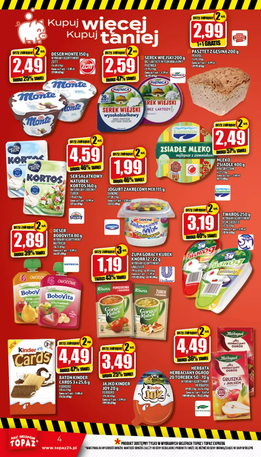 Gazetka promocyjna Topaz - Gazetka - ważna 14.07 do 20.07.2022 - strona 4 - produkty: BoboVita, Deser, Gra, Herbaciany ogrod, Knorr, Kubek, Monte, Ogród, Ser, Sok, Top, Twaróg, Zupa