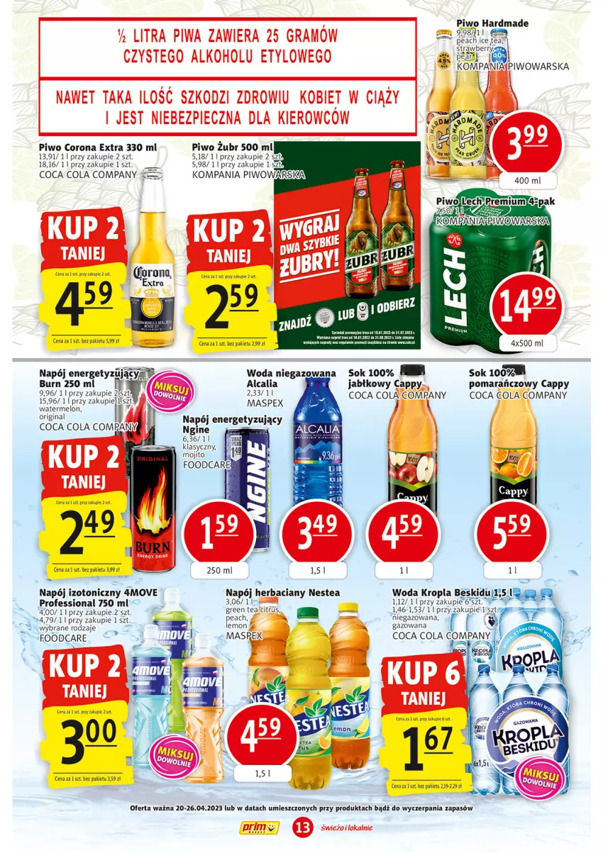 Gazetka promocyjna Prim Market - ważna 20.04 do 26.04.2023 - strona 13 - produkty: Cappy, Corona Extra, Ice tea, Napój, Napój izotoniczny, Nestea, Piwo, Sok, Woda, Woda niegazowana