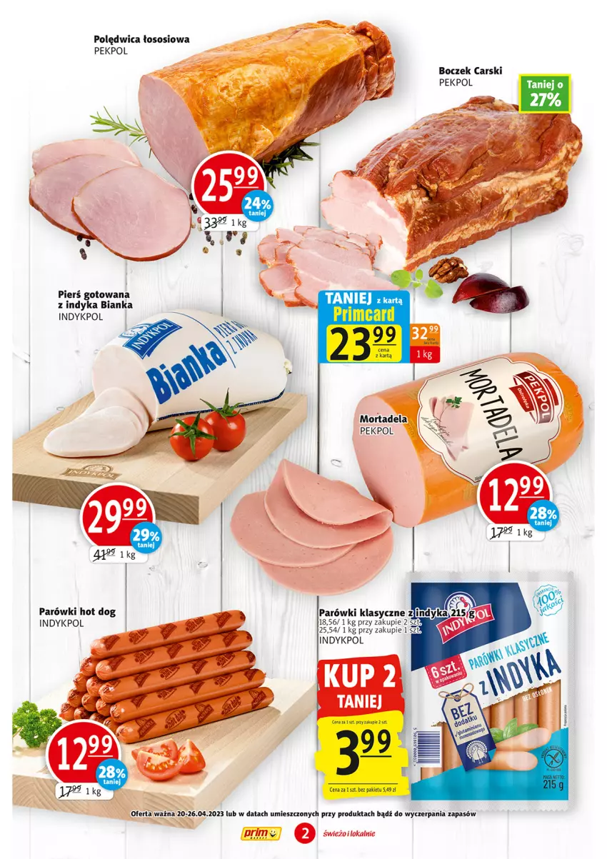 Gazetka promocyjna Prim Market - ważna 20.04 do 26.04.2023 - strona 2 - produkty: Bianka, Boczek, Cars, Hot dog, Parówki, Parówki hot dog, Pekpol, Polędwica, Sos
