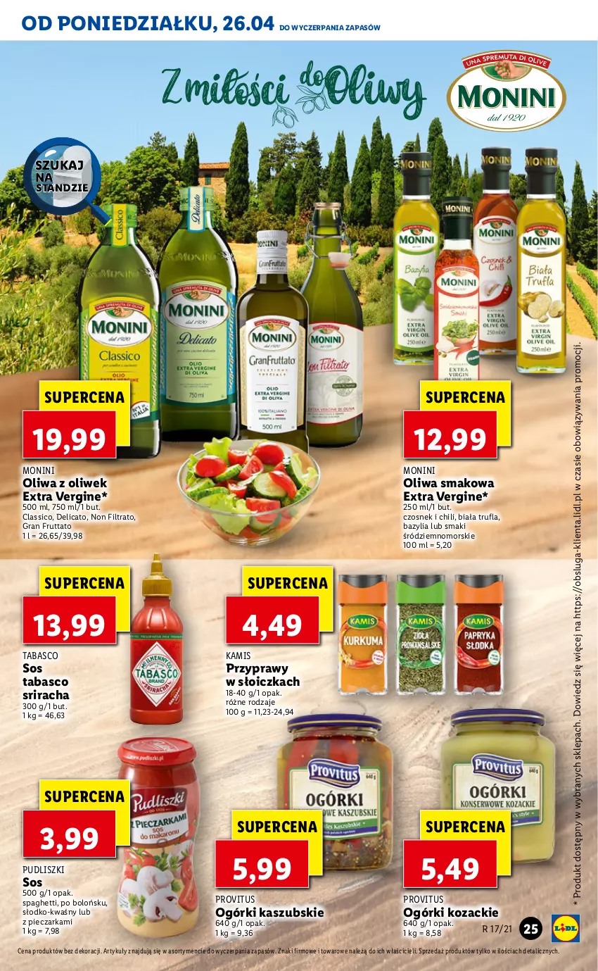 Gazetka promocyjna Lidl - GAZETKA - ważna 26.04 do 28.04.2021 - strona 25 - produkty: Bazyl, Bazylia, Czosnek, Gin, Gra, Kamis, Monini, Oliwa z oliwek, Piec, Pieczarka, Przyprawy, Pudliszki, Sos, Sos tabasco, Spaghetti