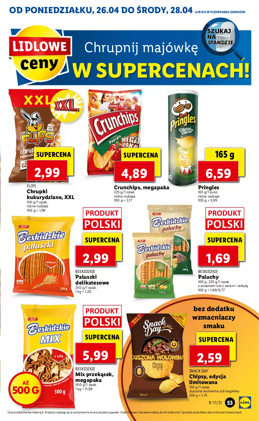 Gazetka promocyjna Lidl - GAZETKA - ważna 26.04 do 28.04.2021 - strona 53 - produkty: Bagietka, Beskidzki, Beskidzkie paluszki, Chipsy, Chrupki, Crunchips, Pringles, Ser, Sezam, Wołowina