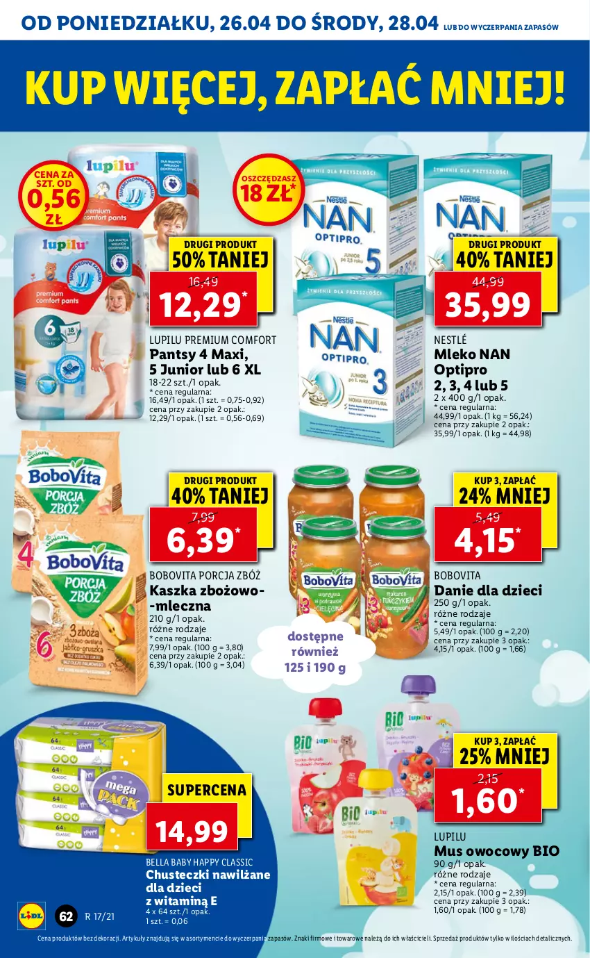 Gazetka promocyjna Lidl - GAZETKA - ważna 26.04 do 28.04.2021 - strona 62 - produkty: Bell, Bella, BoboVita, Chusteczki, Danie dla dzieci, Dzieci, Mleko, Mus, NAN Optipro, Nestlé, Por