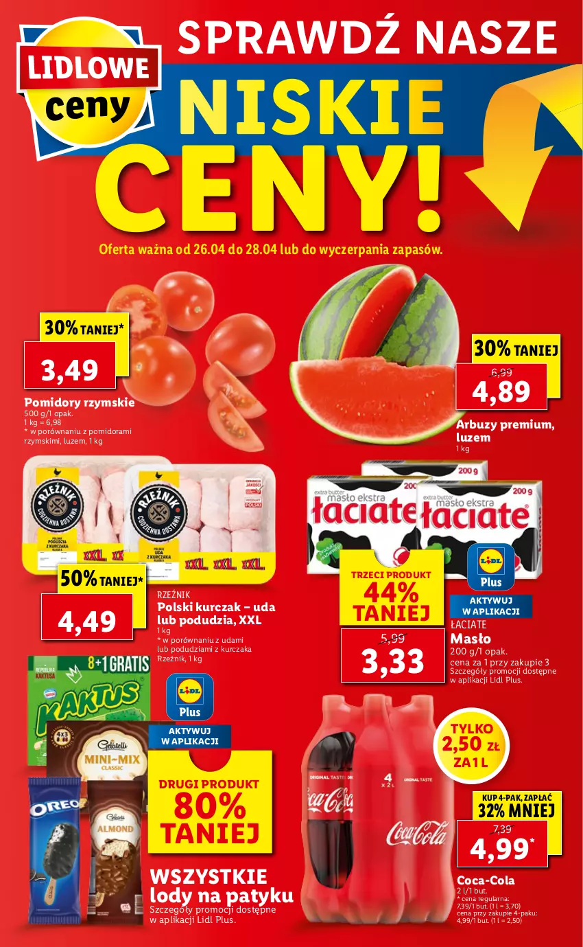 Gazetka promocyjna Lidl - GAZETKA - ważna 26.04 do 28.04.2021 - strona 64 - produkty: Arbuz, Coca-Cola, Kurczak, Lody, Masło, Pomidory, Por