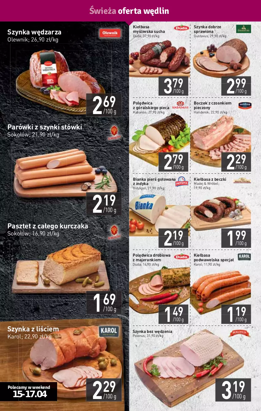 Gazetka promocyjna Stokrotka - Supermarket - ważna 15.04 do 21.04.2021 - strona 4 - produkty: Bianka, Boczek, Duda, HP, Kabanos, Kiełbasa, Kiełbasa podwawelska, Kurczak, Olewnik, Parówki, Parówki z szynki, Pasztet, Piec, Polędwica, Sok, Sokołów, Szynka, Wawel