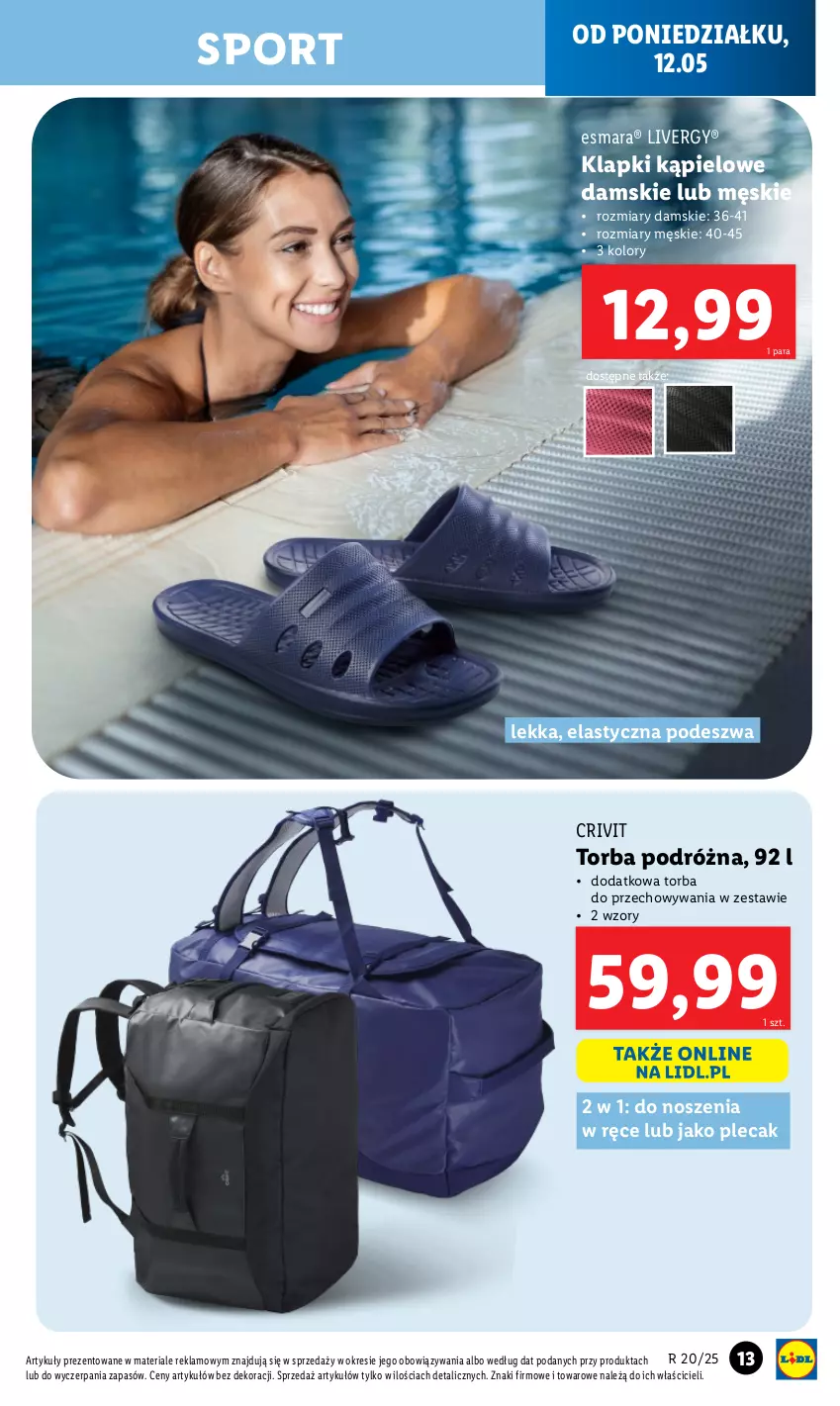 Gazetka promocyjna Lidl - GAZETKA - ważna 12.05 do 17.05.2025 - strona 13 - produkty: Klapki, Plecak, Por, Sport, Torba