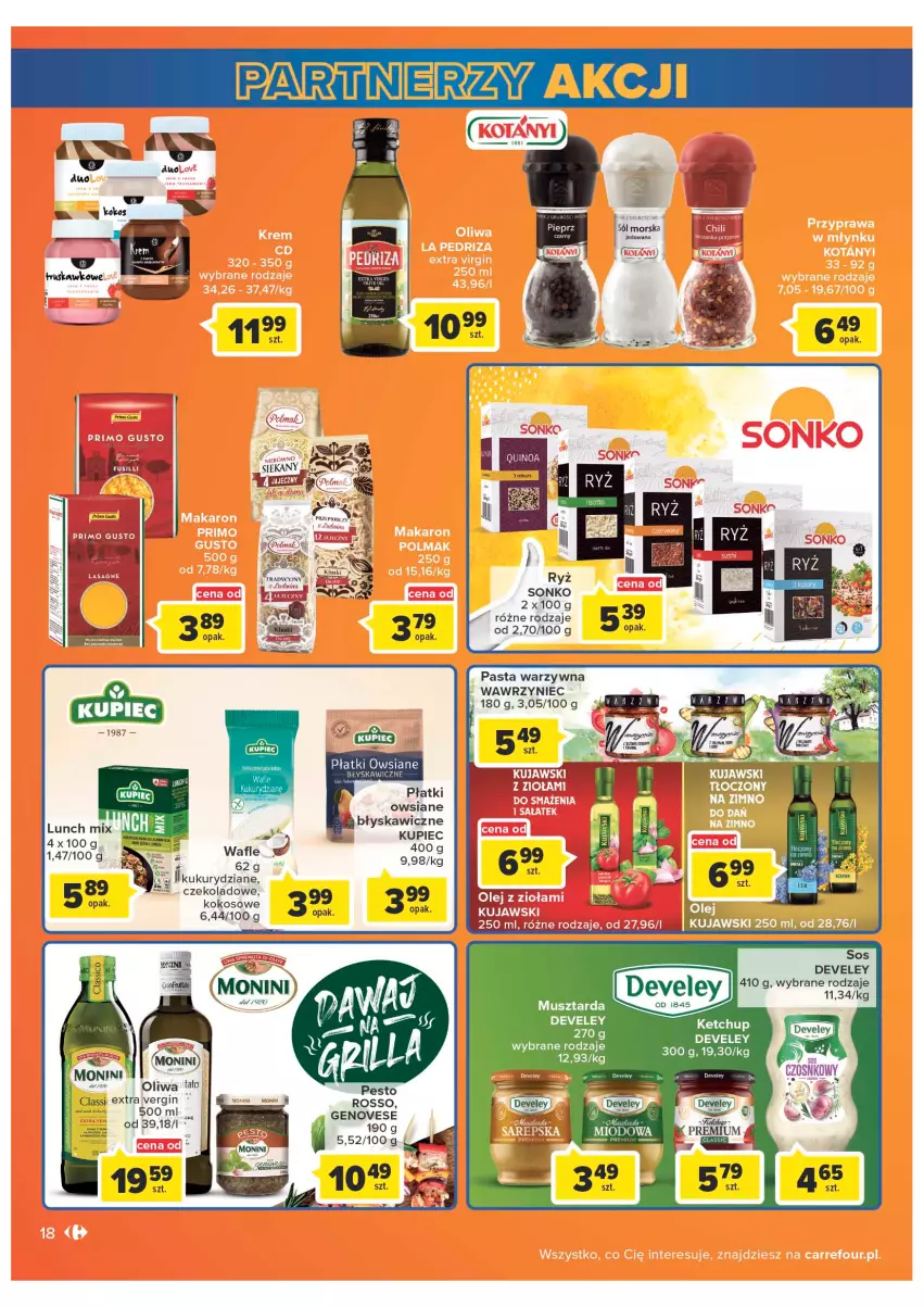 Gazetka promocyjna Carrefour - Gazetka Carrefour - ważna 05.07 do 30.07.2022 - strona 18 - produkty: Gin, Ketchup, Kokos, Kujawski, Monini, Mus, Musztarda, Pasta warzywna, Pesto, Płatki owsiane, Quinoa, Ryż, Sól, Sonko, Sos, Wafle