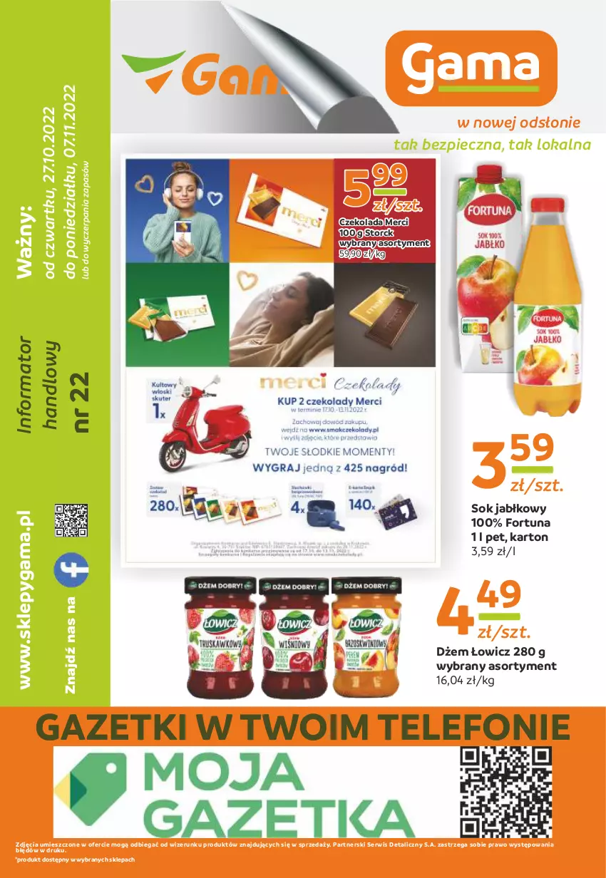 Gazetka promocyjna Gama - Gazetka Gama - ważna 07.11.2022 do 27.10.2023 - strona 12 - produkty: Czekolada, Dżem, Fortuna, Merci, Piec, Ser, Sok, Sok jabłkowy, Telefon