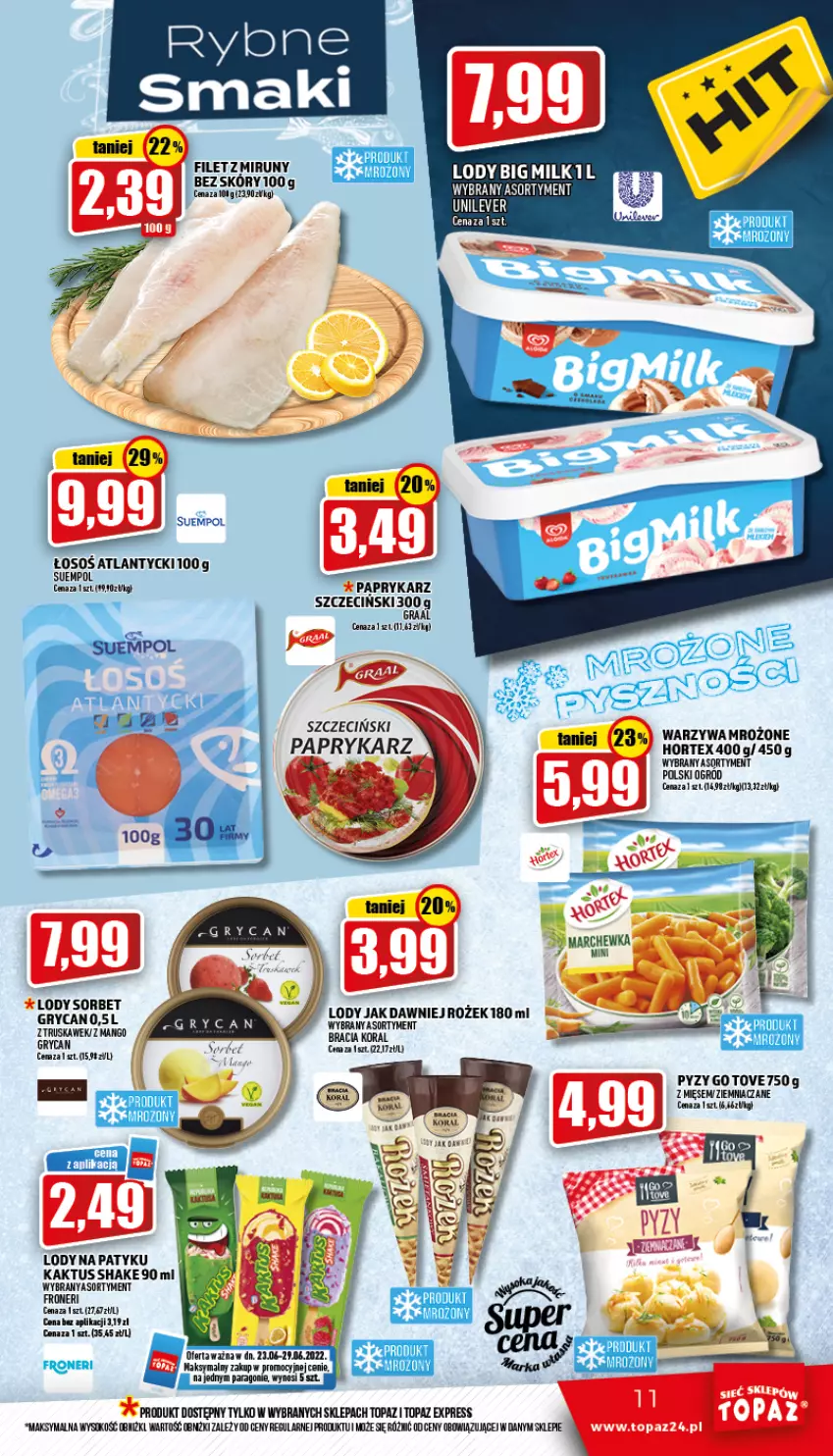 Gazetka promocyjna Topaz - Gazetka - ważna 23.06 do 29.06.2022 - strona 11 - produkty: Gra, Graal, Hortex, Kaktus, Lody, Marchewka, Papryka, Paprykarz, Sok, Sos, Suempol, Top, Warzywa