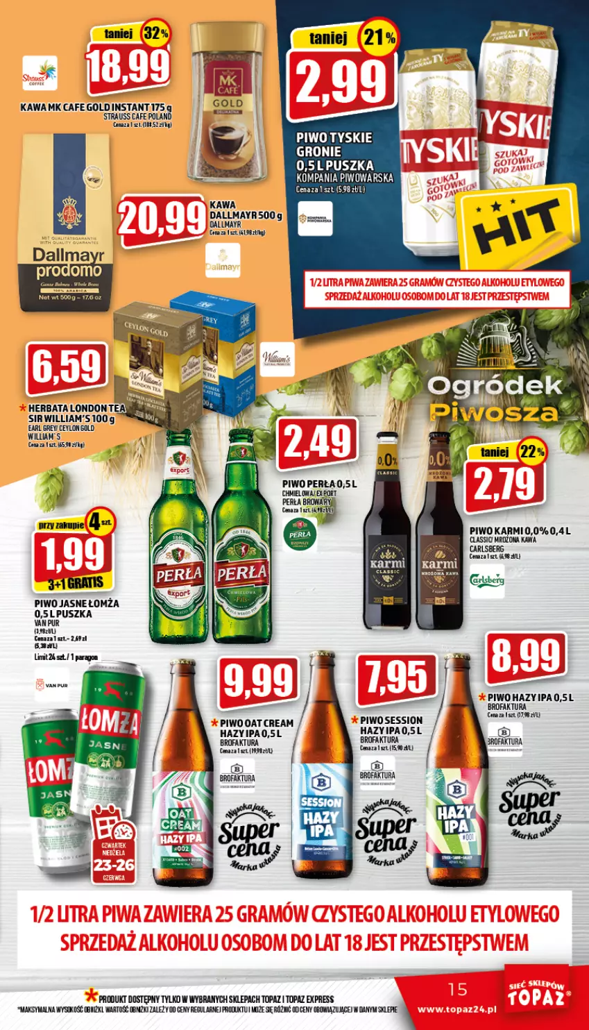 Gazetka promocyjna Topaz - Gazetka - ważna 23.06 do 29.06.2022 - strona 15 - produkty: Carlsberg, Dallmayr, Fa, Gra, Karmi, Kawa, LG, Mola, Perła, Piwo, Piwo jasne, Por, Pur, SESSIO, Sok, Top, Tyskie