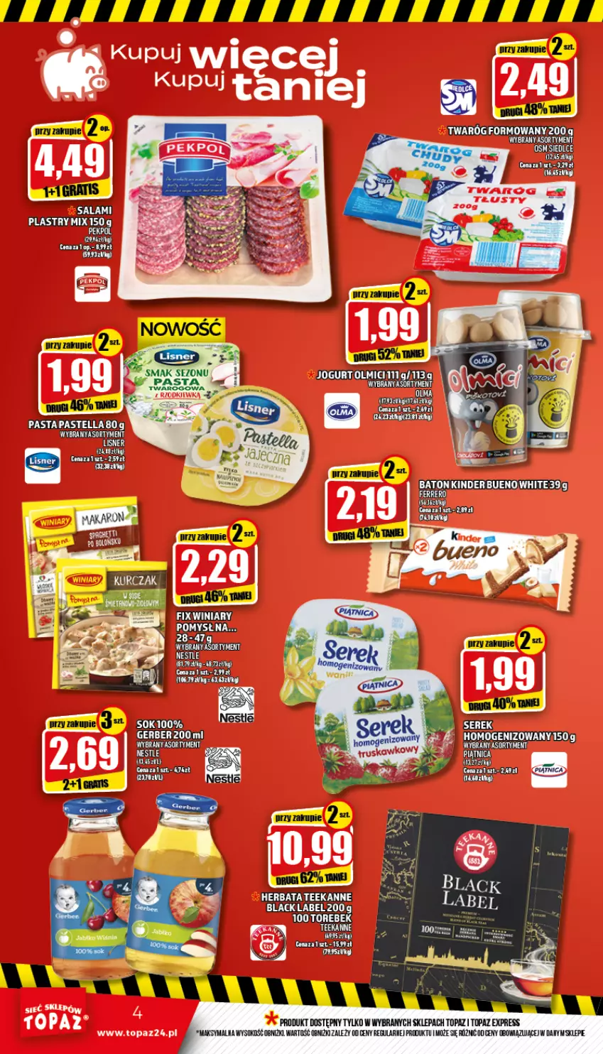 Gazetka promocyjna Topaz - Gazetka - ważna 23.06 do 29.06.2022 - strona 4 - produkty: AEG, Baton, Ferrero, Gerber, Kinder, Lisner, Ser, Serek, Sok, Top