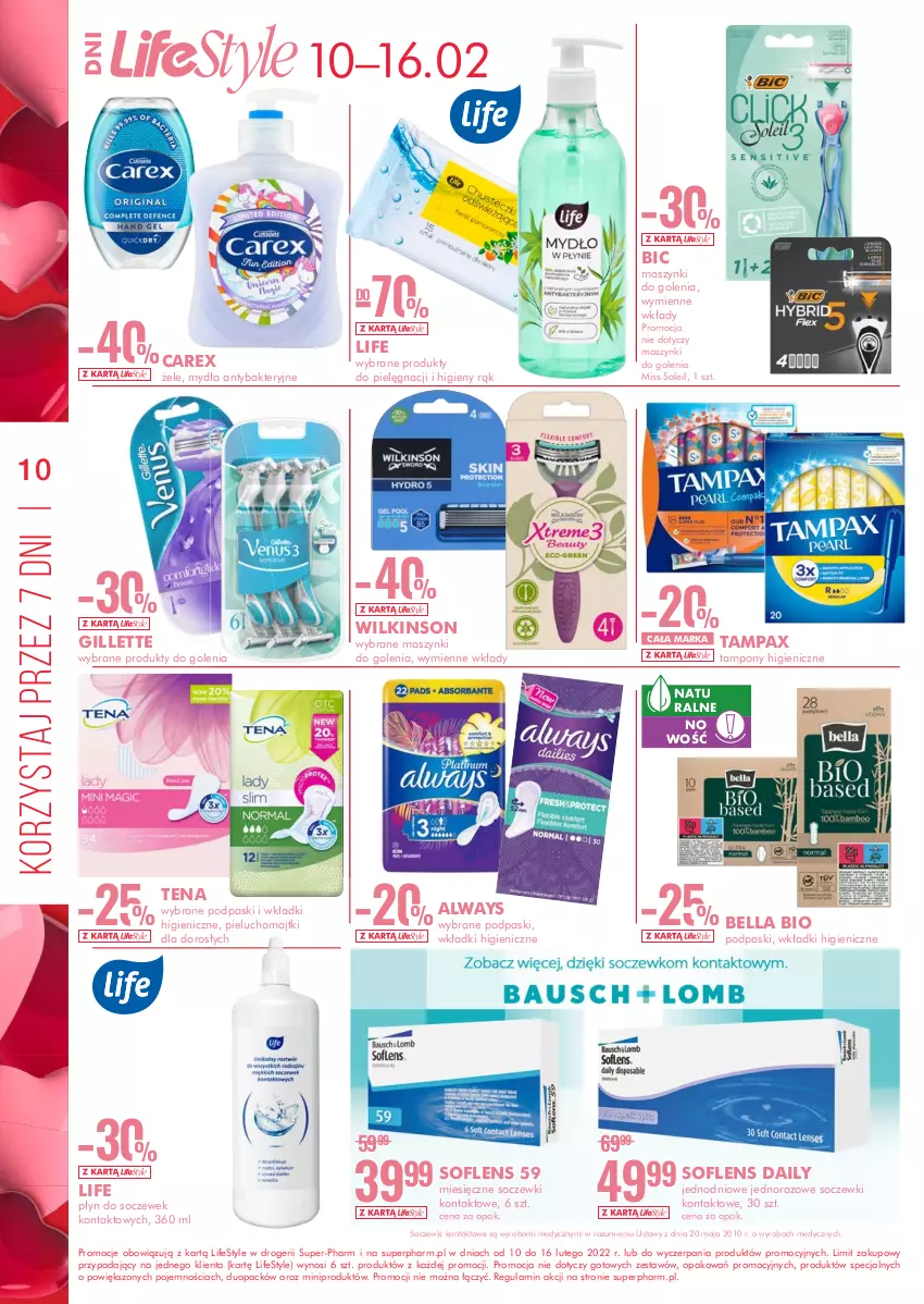 Gazetka promocyjna Super Pharm - Gazetka - ważna 10.02 do 16.02.2022 - strona 10 - produkty: Always, Bell, Bella, BIC, Gillette, Majtki, Pax, Pieluchomajtki, Płyn do soczewek, Podpaski, Soczewki kontaktowe, Tampax, Tampony, Wkładki