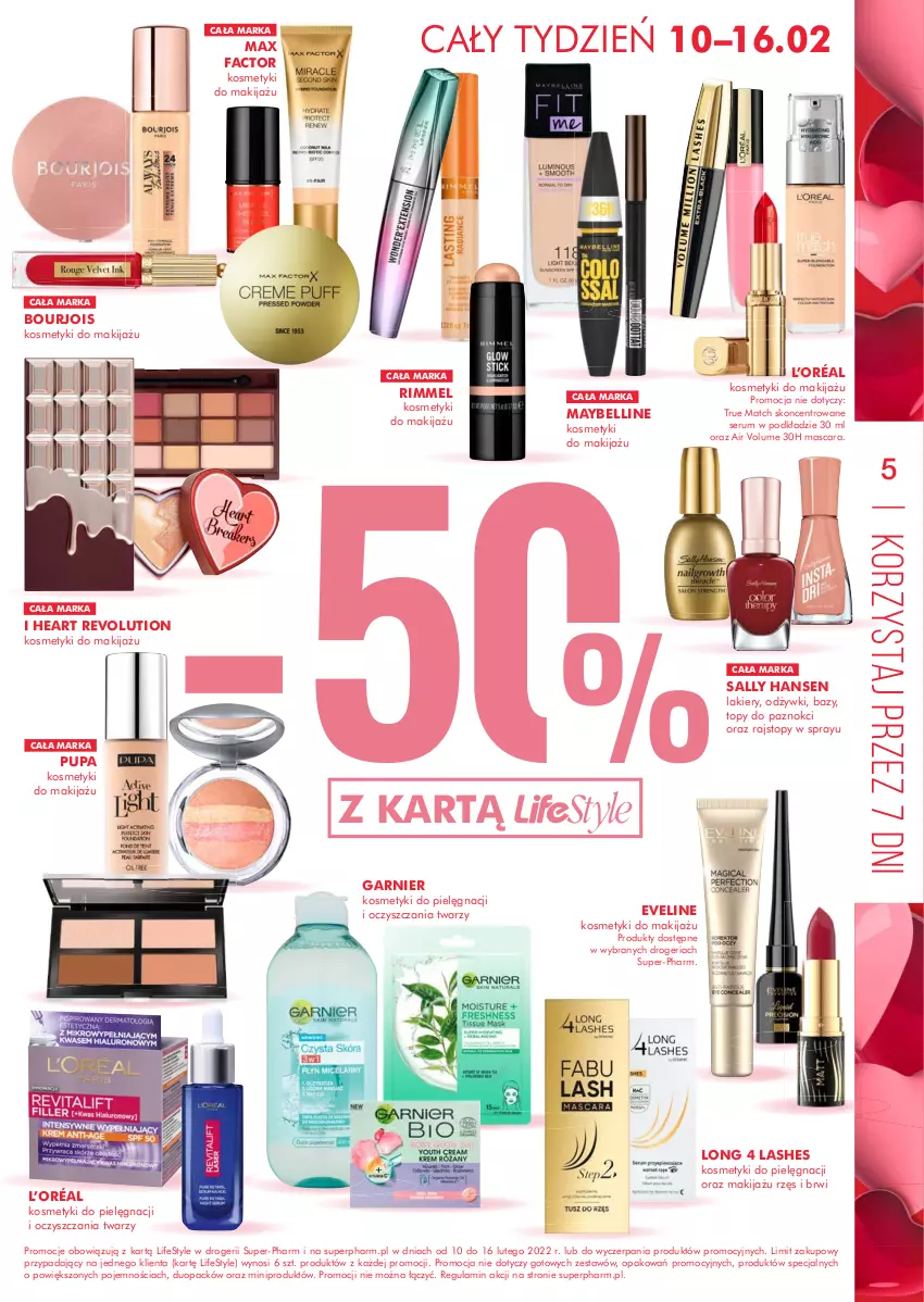 Gazetka promocyjna Super Pharm - Gazetka - ważna 10.02 do 16.02.2022 - strona 5 - produkty: Bell, Bourjois, Eveline, Fa, Garnier, Kosmetyki do pielęgnacji, L’Oréal, Lakier, Long 4 Lashes, Makijaż, Max Factor, Maybelline, Podkład, Pupa, Rajstopy, Rum, Sally Hansen, Ser, Serum, Top