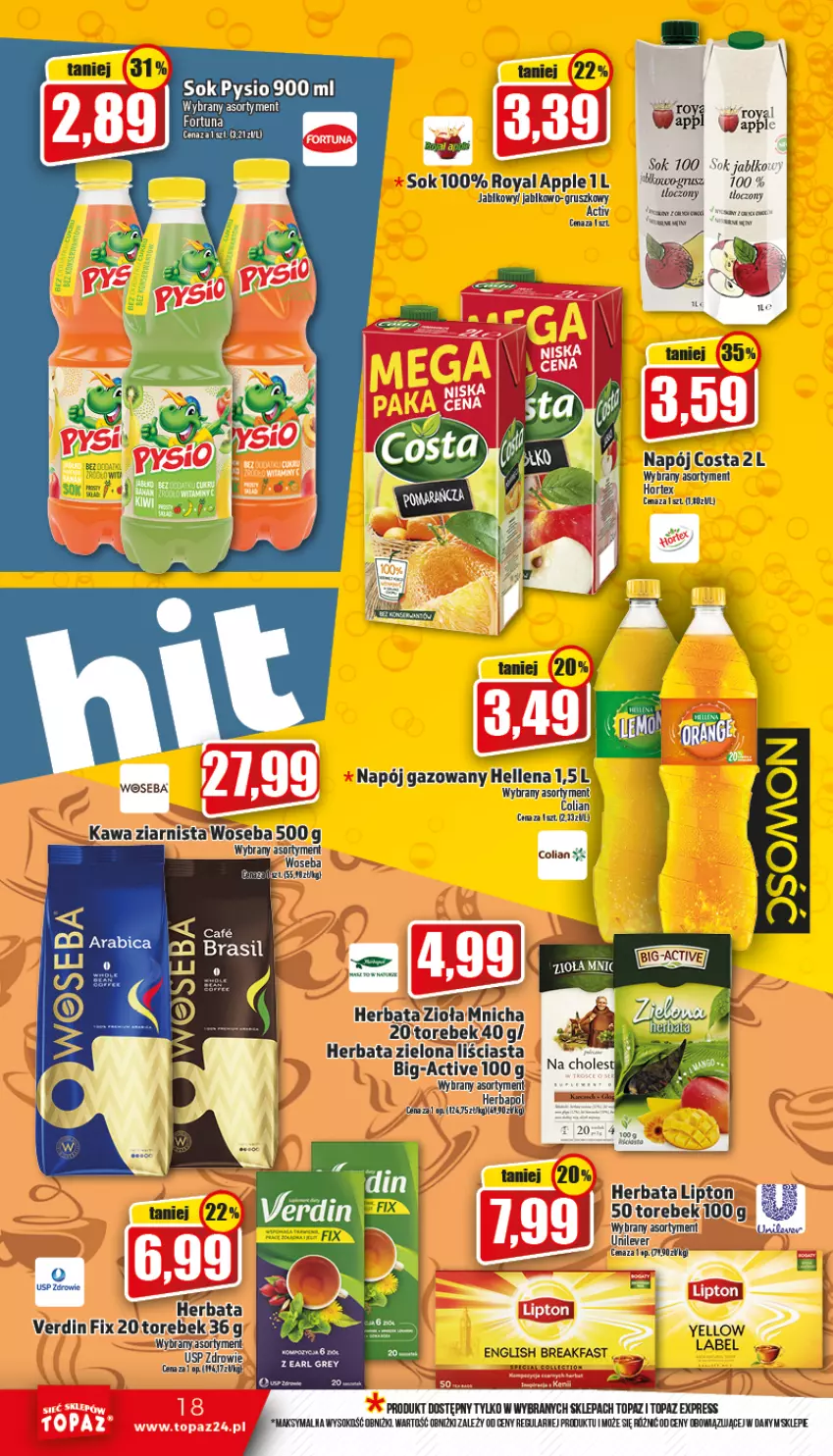 Gazetka promocyjna Topaz - Gazetka - ważna 20.10 do 26.10.2022 - strona 18 - produkty: BIC, Fa, Fortuna, Hellena, Herbapol, Herbata, Hortex, Kawa, LG, Lipton, Napój, Napój gazowany, Sok, Top, Woseba, Zdrowie