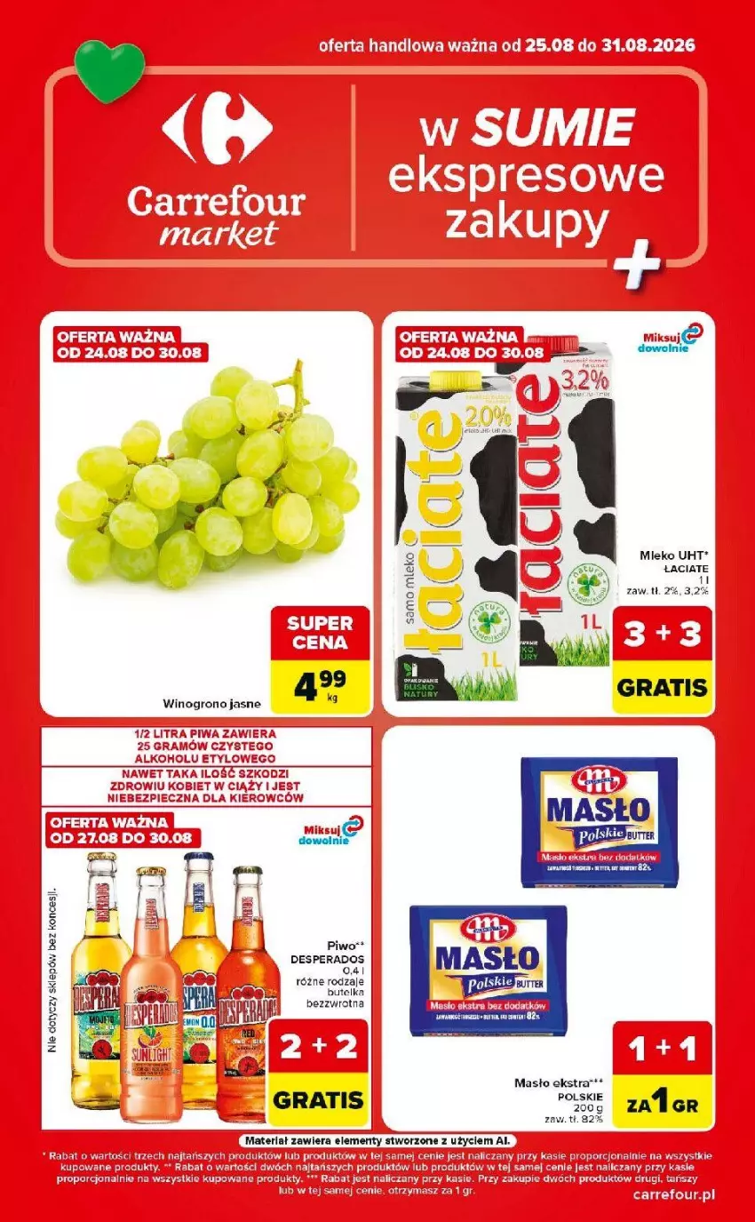 Gazetka promocyjna Carrefour - Gazetka Market w SUMIE ekspresowe zakupy - ważna 25.08 do 31.08.2026 - strona 1 - produkty: Desperados, Fa, Gra, Masło, Mleko, Piec, Piwa, Piwo, Por, Wino, Winogrona