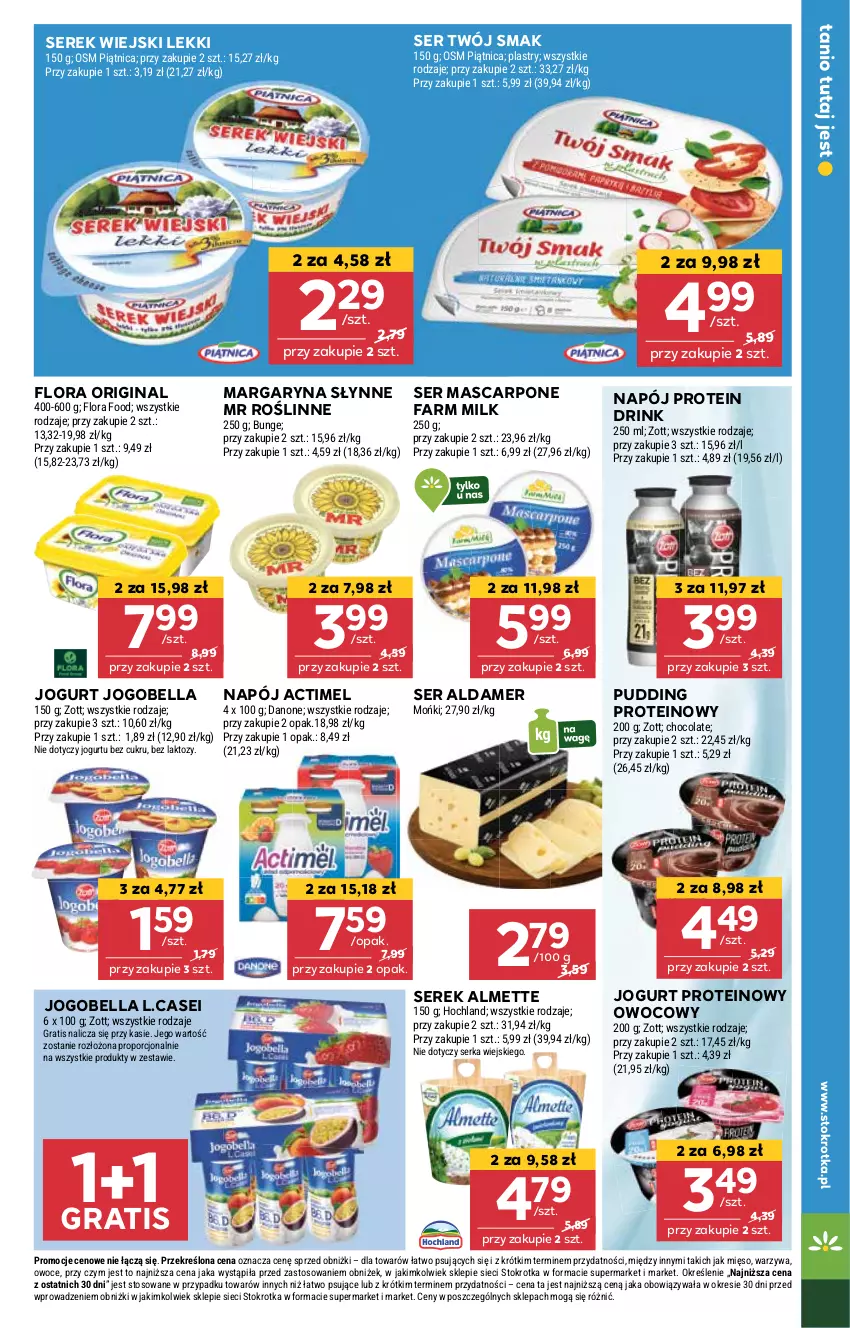 Gazetka promocyjna Stokrotka - Supermarket - ważna 08.05 do 14.05.2025 - strona 15 - produkty: Actimel, Almette, Bell, Bella, Danone, Fa, Farm Milk, Flora, Gin, Gra, Hochland, Jogobella, Jogurt, Margaryna, Mascarpone, Mięso, Napój, Owoce, Piątnica, Por, Pudding, Ser, Serek, Serek wiejski, Słynne, Słynne MR Roślinne, Twój Smak, Warzywa, Zott