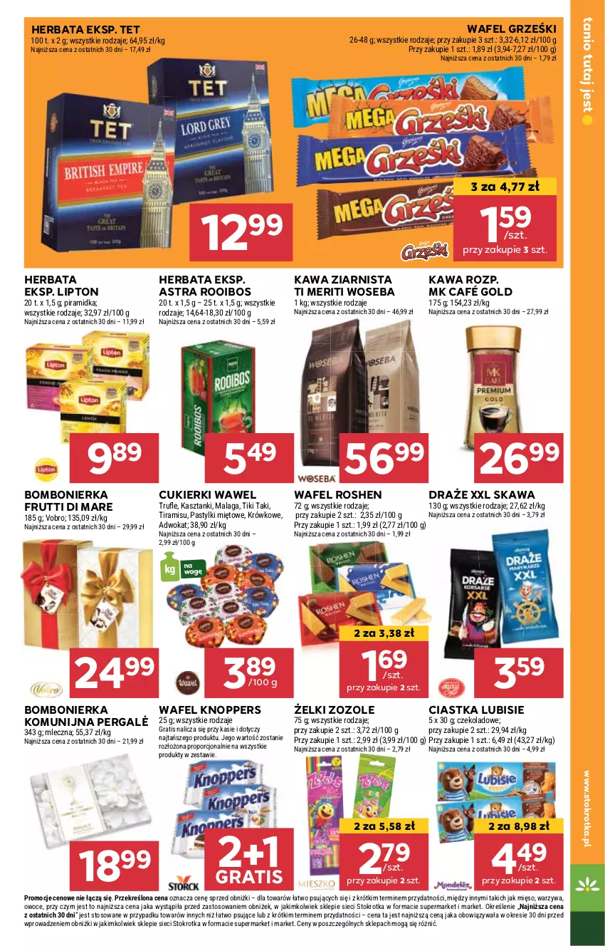 Gazetka promocyjna Stokrotka - Supermarket - ważna 08.05 do 14.05.2025 - strona 19 - produkty: Ciastka, Cukier, Cukierki, Gra, Grześki, Herbata, Kawa, Kawa ziarnista, Knoppers, Lipton, Lubisie, Mięso, Owoce, Pastylki, Por, Warzywa, Wawel, Woseba