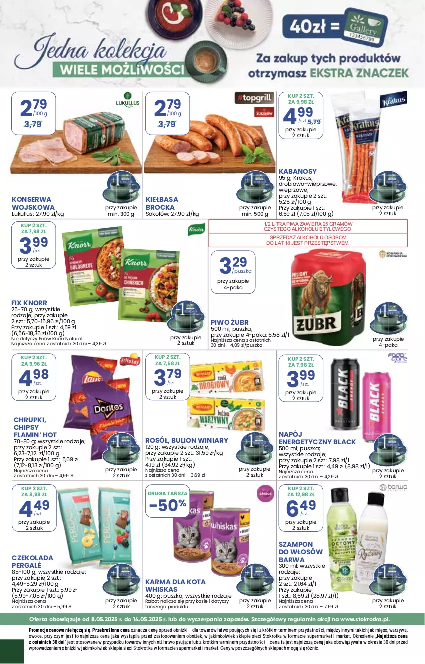 Gazetka promocyjna Stokrotka - Supermarket - ważna 08.05 do 14.05.2025 - strona 24 - produkty: Bulion, Chipsy, Chrupki, Czekolada, Gra, Kabanos, Kiełbasa, Knorr, Krakus, Lack, Lion, Mięso, Napój, Napój energetyczny, Owoce, Piwa, Piwo, Rosół, Ser, Sok, Sokołów, Szampon, Warzywa, Whiskas, Winiary