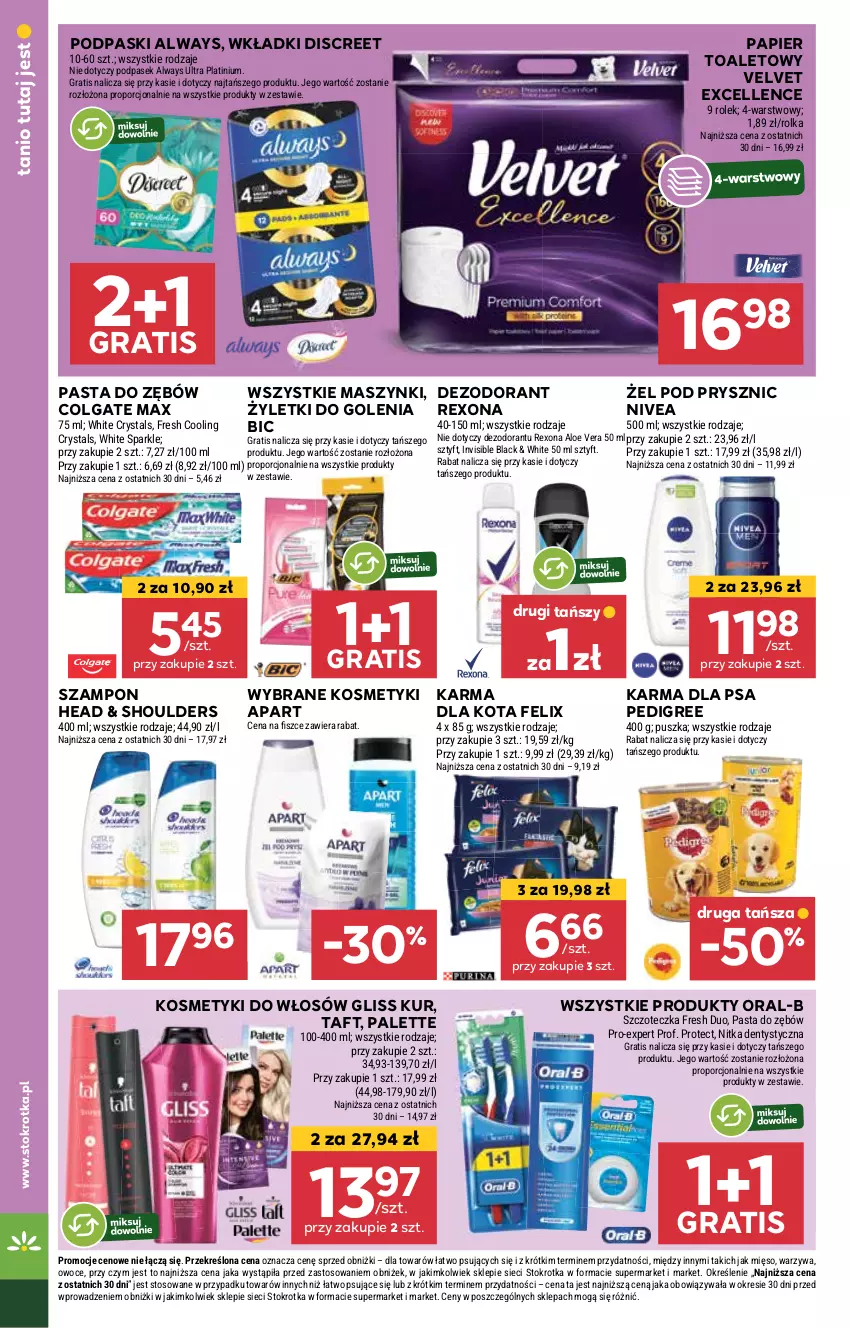 Gazetka promocyjna Stokrotka - Supermarket - ważna 08.05 do 14.05.2025 - strona 26 - produkty: Aloe vera, Always, Always Ultra, BIC, Colgate, Dezodorant, Discreet, Felix, Gliss Kur, Gra, Lack, LG, Mięso, Nivea, Owoce, Palette, Papier, Papier toaletowy, Pasek, Pasta do zębów, Pedigree, Podpaski, Por, Rexona, Szampon, Szczoteczka, Taft, Velvet, Warzywa, Wkładki