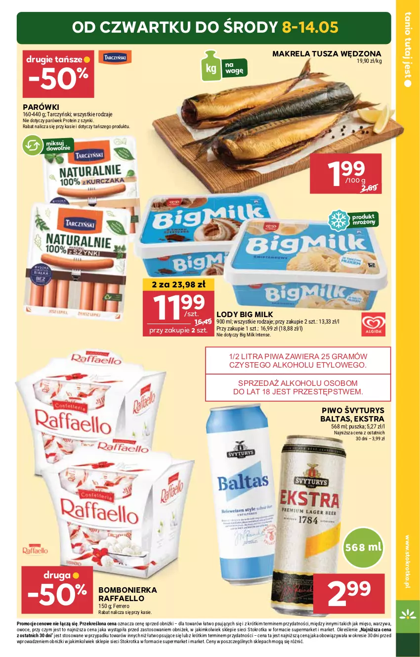 Gazetka promocyjna Stokrotka - Supermarket - ważna 08.05 do 14.05.2025 - strona 3 - produkty: Big Milk, Fa, Ferrero, Gra, Lody, Mięso, Owoce, Parówki, Piwa, Piwo, Raffaello, Tarczyński, Tusz, Warzywa