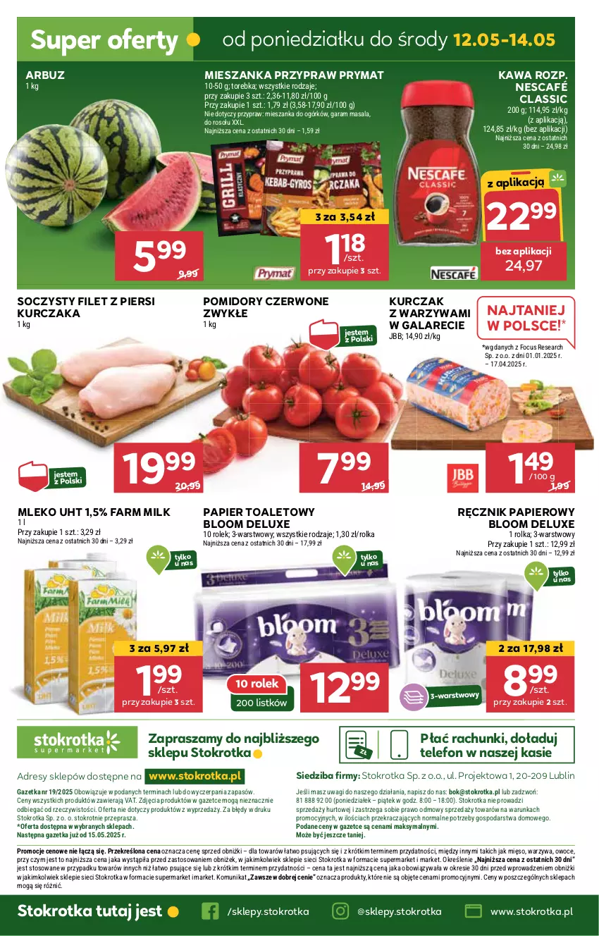 Gazetka promocyjna Stokrotka - Supermarket - ważna 08.05 do 14.05.2025 - strona 35 - produkty: Arbuz, Dres, Fa, Farm Milk, Filet z piersi kurczaka, Gala, JBL, Kawa, Kurczak, Mięso, Mleko, Nescafé, O nas, Owoce, Papier, Papier toaletowy, Pomidory, Prymat, Ręcznik, Telefon, Torebka, Wagi, Warzywa