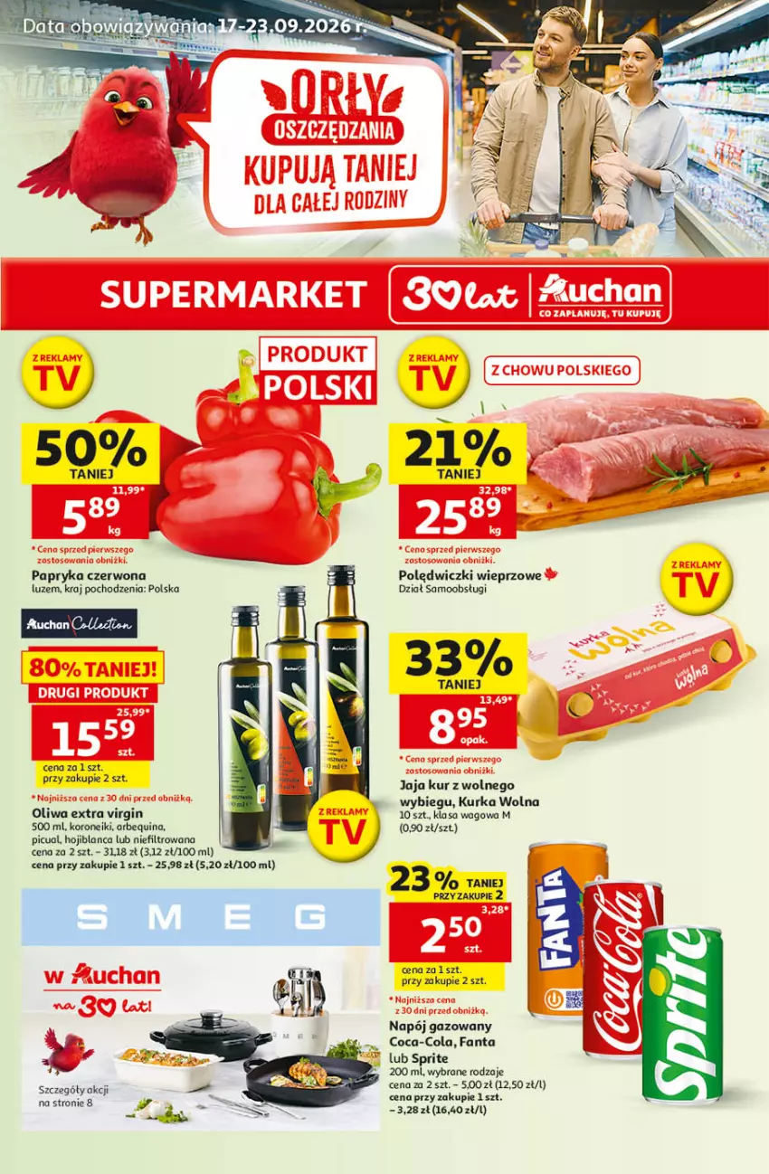 Gazetka promocyjna Auchan - 30 Lat Supermarket - ważna 17.09 do 23.09.2026 - strona 1 - produkty: Coca-Cola, Fa, Fanta, Gin, Jaja, Napój, Napój gazowany, Oliwa, Papryka, Papryka czerwona, Sprite