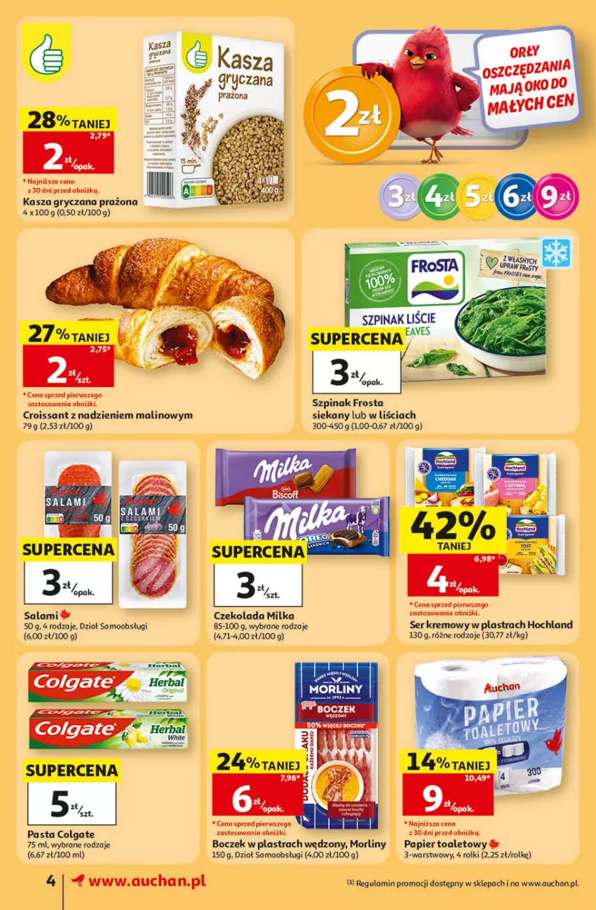 Gazetka promocyjna Auchan - 30 Lat Supermarket - ważna 17.09 do 23.09.2026 - strona 4 - produkty: Boczek, Colgate, Croissant, Czekolada, Frosta, Gry, Hochland, Kasza, Kasza gryczana, LG, Milka, Morliny, Papier, Papier toaletowy, Rolki, Salami, Ser, Szpinak