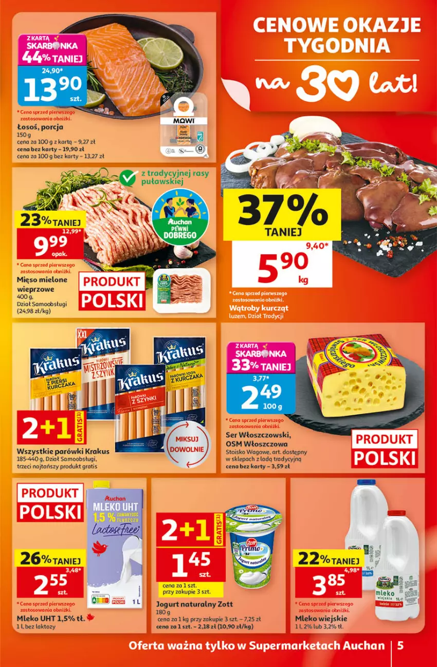 Gazetka promocyjna Auchan - 30 Lat Supermarket - ważna 17.09 do 23.09.2026 - strona 5 - produkty: Gra, Jogurt, Jogurt naturalny, Krakus, Mleko, Parówki, Por, Ser, Włoszczowski, Zott