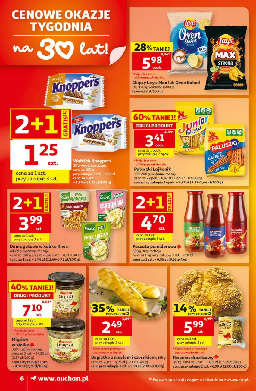 Gazetka promocyjna Auchan - 30 Lat Supermarket - ważna 17.09 do 23.09.2026 - strona 6 - produkty: Bagietka, Chipsy, Danie gotowe, Knorr, Lajkonik