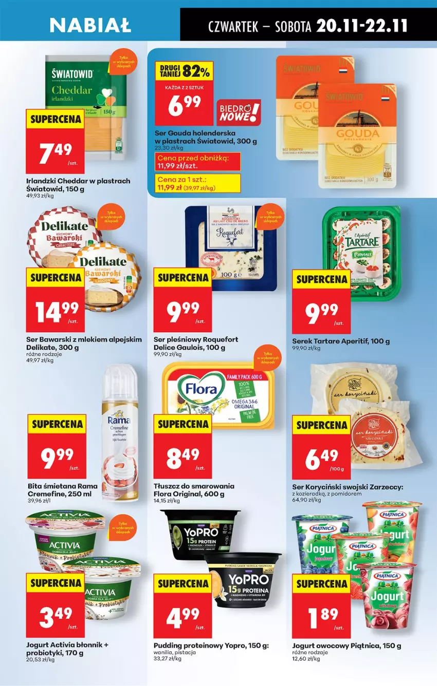 Gazetka promocyjna Biedronka - Od Czwartku - ważna 20.11 do 26.11.2025 - strona 51 - produkty: Activia, Cheddar, Flora, Gin, Jogurt, Jogurt owocowy, Probiotyk, Pudding, Rama, Roquefort, Ser, Ser pleśniowy