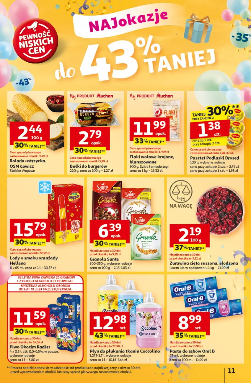 Gazetka promocyjna Auchan - Te URODZINY są NAJ Hipermarket - ważna 08.05 do 14.05.2025 - strona 11 - produkty: Burger, Coccolino, Flaki, Flaki wołowe, Gra, Granola, Hellena, Koc, Lody, Okocim, Oral B, Pasta do zębów, Pasztet, Piwa, Piwo, Płyn do płukania, Podlaski, Radler, Rolada, Rolada Ustrzycka, Sante