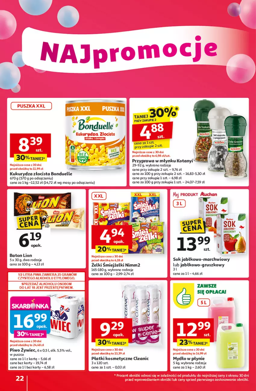 Gazetka promocyjna Auchan - Te URODZINY są NAJ Hipermarket - ważna 08.05 do 14.05.2025 - strona 24 - produkty: Baton, Bonduelle, Cleanic, Kukurydza, Lion, Mydło, Mydło w płynie, Nimm2, Piwo, Płatki kosmetyczne, Por, Sok