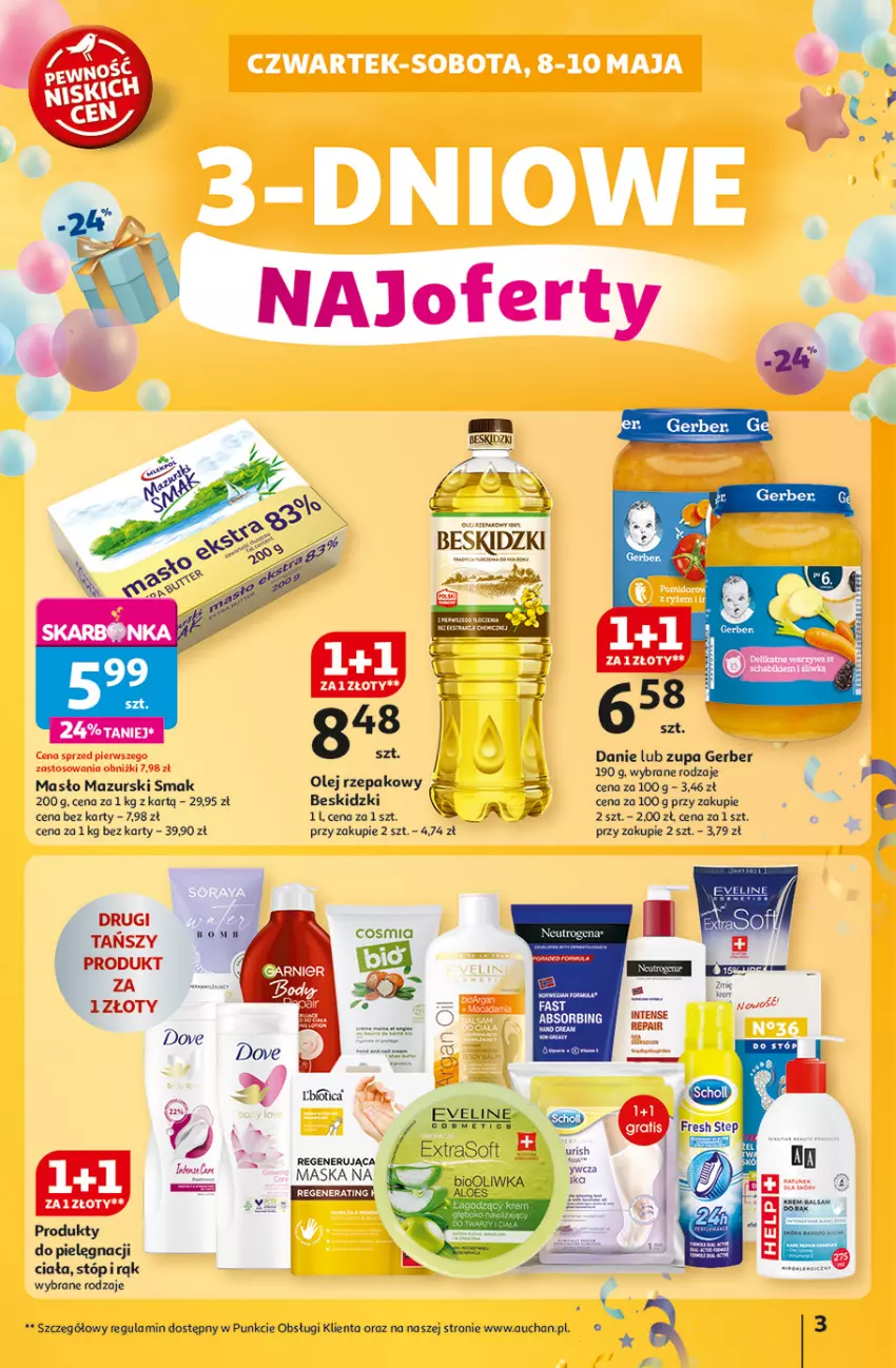 Gazetka promocyjna Auchan - Te URODZINY są NAJ Hipermarket - ważna 08.05 do 14.05.2025 - strona 3 - produkty: Beskidzki, Dove, Gerber, HP, Maska, Masło, Olej, Olej rzepakowy, Regenerująca maska, Zupa