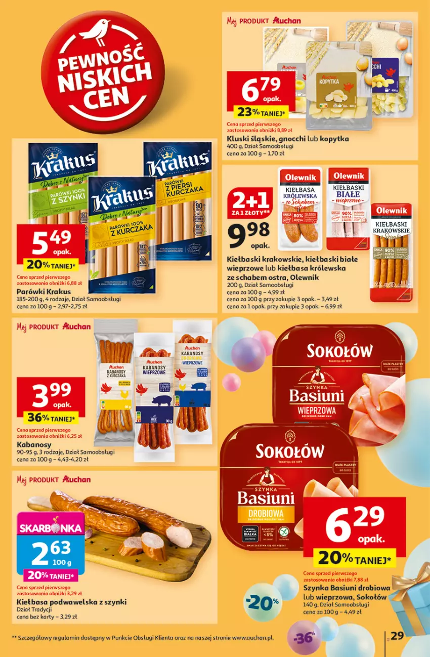 Gazetka promocyjna Auchan - Te URODZINY są NAJ Hipermarket - ważna 08.05 do 14.05.2025 - strona 31 - produkty: Gnocchi, Kabanos, Kiełbasa, Kiełbasa podwawelska, Kiełbaski białe, Kopytka, Krakus, Olewnik, Parówki, Sok, Sokołów, Szynka, Wawel