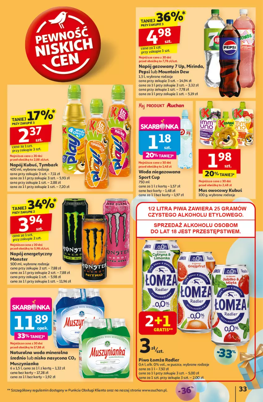 Gazetka promocyjna Auchan - Te URODZINY są NAJ Hipermarket - ważna 08.05 do 14.05.2025 - strona 35 - produkty: Gra, Kubuś, Limonka, Mirinda, Mus, Muszynianka, Napój, Napój energetyczny, Napój gazowany, O nas, Pepsi, Piwa, Piwo, Por, Radler, Sport, Tymbark, Woda, Woda niegazowana