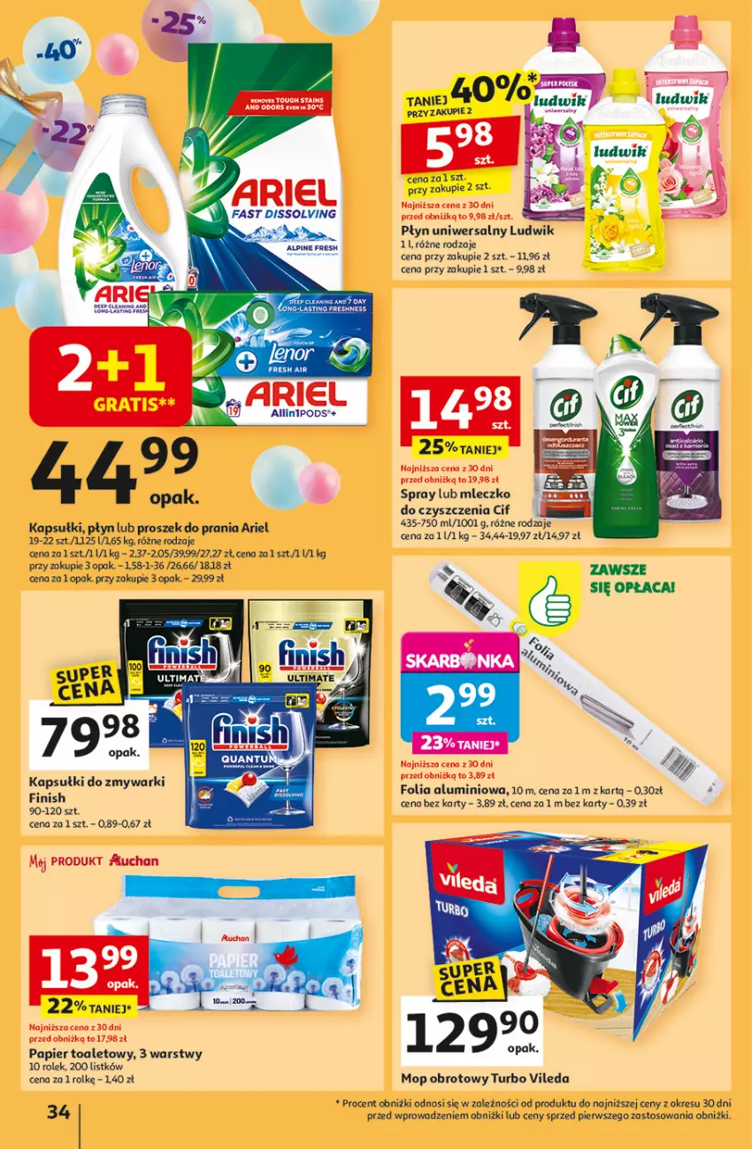 Gazetka promocyjna Auchan - Te URODZINY są NAJ Hipermarket - ważna 08.05 do 14.05.2025 - strona 36 - produkty: Ariel, Cif, Finish, Folia aluminiowa, Ludwik, Mleczko, Mop, Papier, Papier toaletowy, Proszek do prania, Vileda, Zmywarki