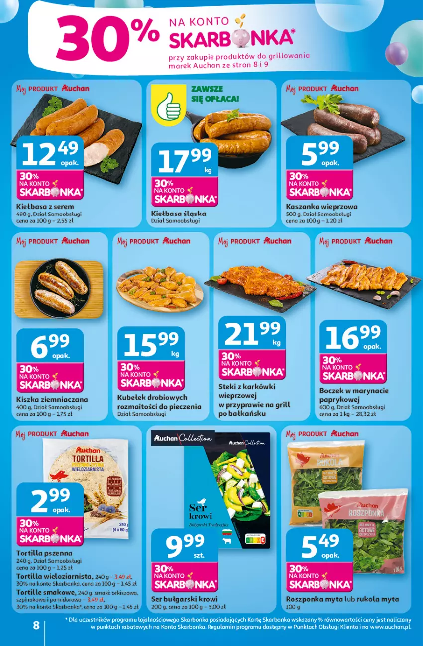 Gazetka promocyjna Auchan - Te URODZINY są NAJ Hipermarket - ważna 08.05 do 14.05.2025 - strona 8 - produkty: Boczek, Grill, Kasza, Kaszanka, Kiełbasa, Kiełbasa śląska, Piec, Roszponka, Rukola, Ser, Stek, Szpinak, Tortilla