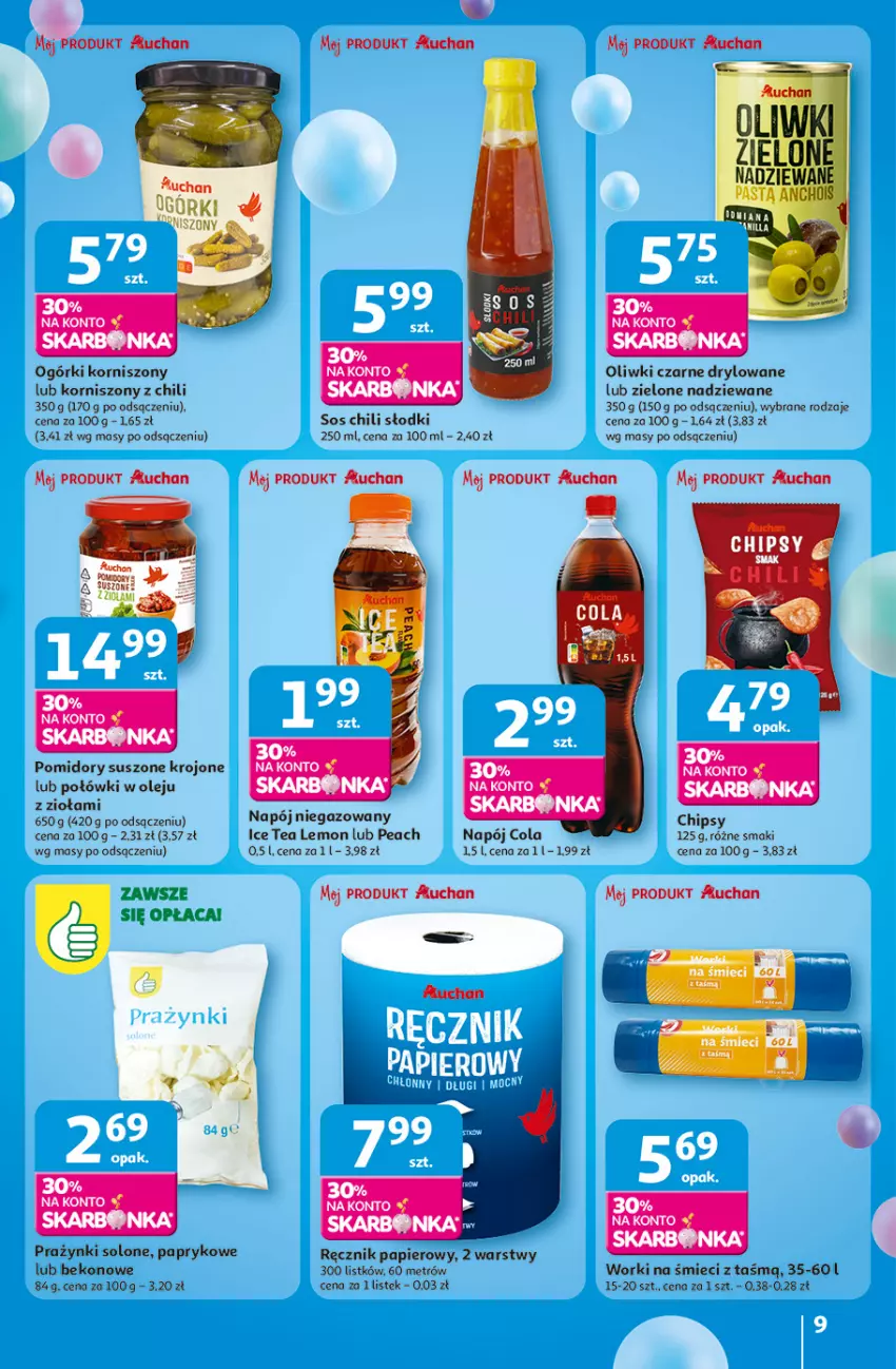 Gazetka promocyjna Auchan - Te URODZINY są NAJ Hipermarket - ważna 08.05 do 14.05.2025 - strona 9 - produkty: Beko, Chipsy, Ice tea, Korniszony, Napój, Napój niegazowany, Olej, Oliwki, Oliwki czarne, Papier, Pomidory, Ręcznik, Sos, Stek, Worki na śmiec, Worki na śmieci