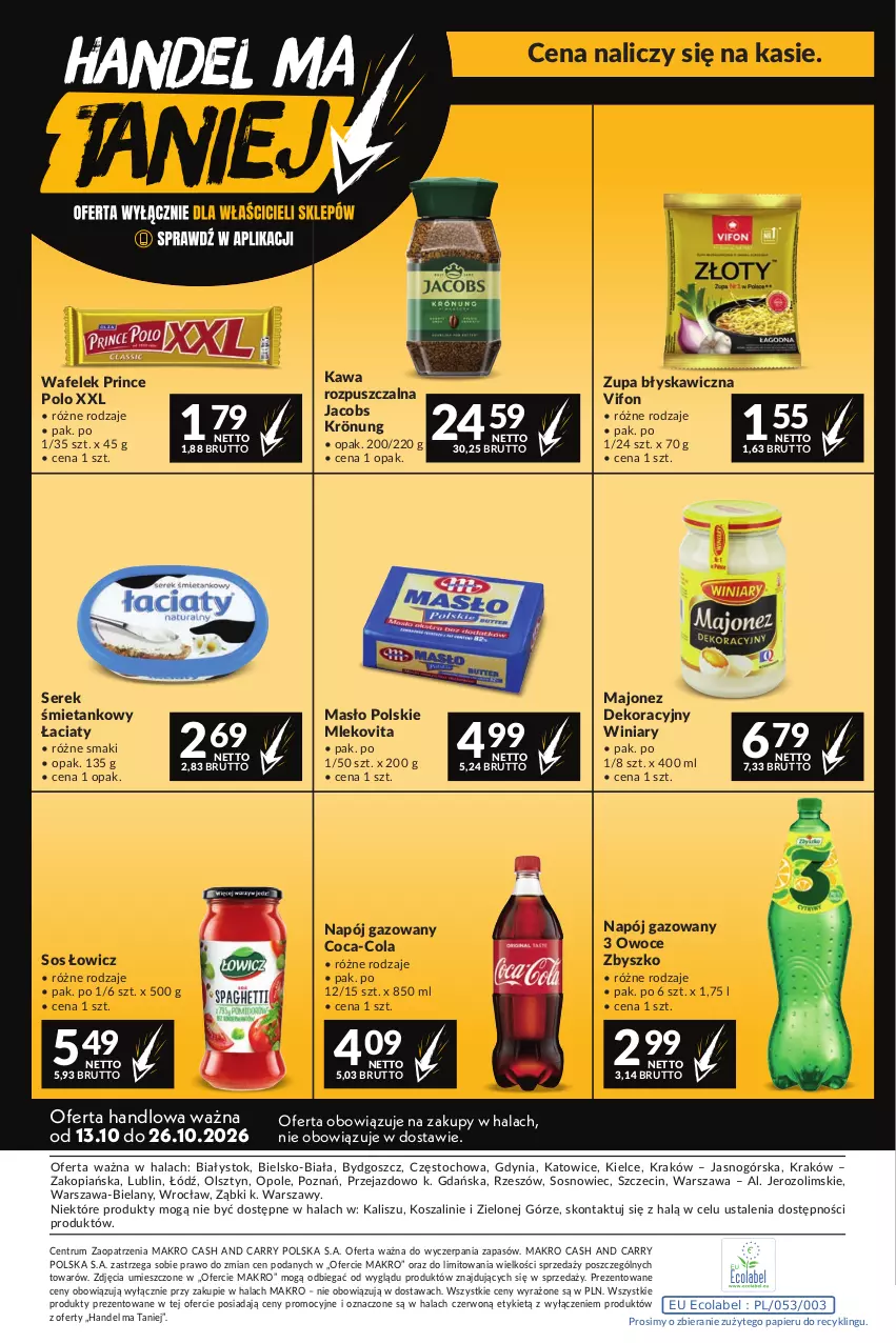 Gazetka promocyjna Makro - Mega oferty dla Twojego Sklepu - ważna 13.10 do 26.10.2026 - strona 24 - produkty: Coca-Cola, Jacobs, Jacobs Krönung, Kawa, Kawa rozpuszczalna, Kosz, Majonez, Masło, Mleko, Mlekovita, Napój, Napój gazowany, Owoce, Papier, Prince Polo, Rum, Ser, Serek, Sos, Szal, Wafelek, Winiary, Zupa