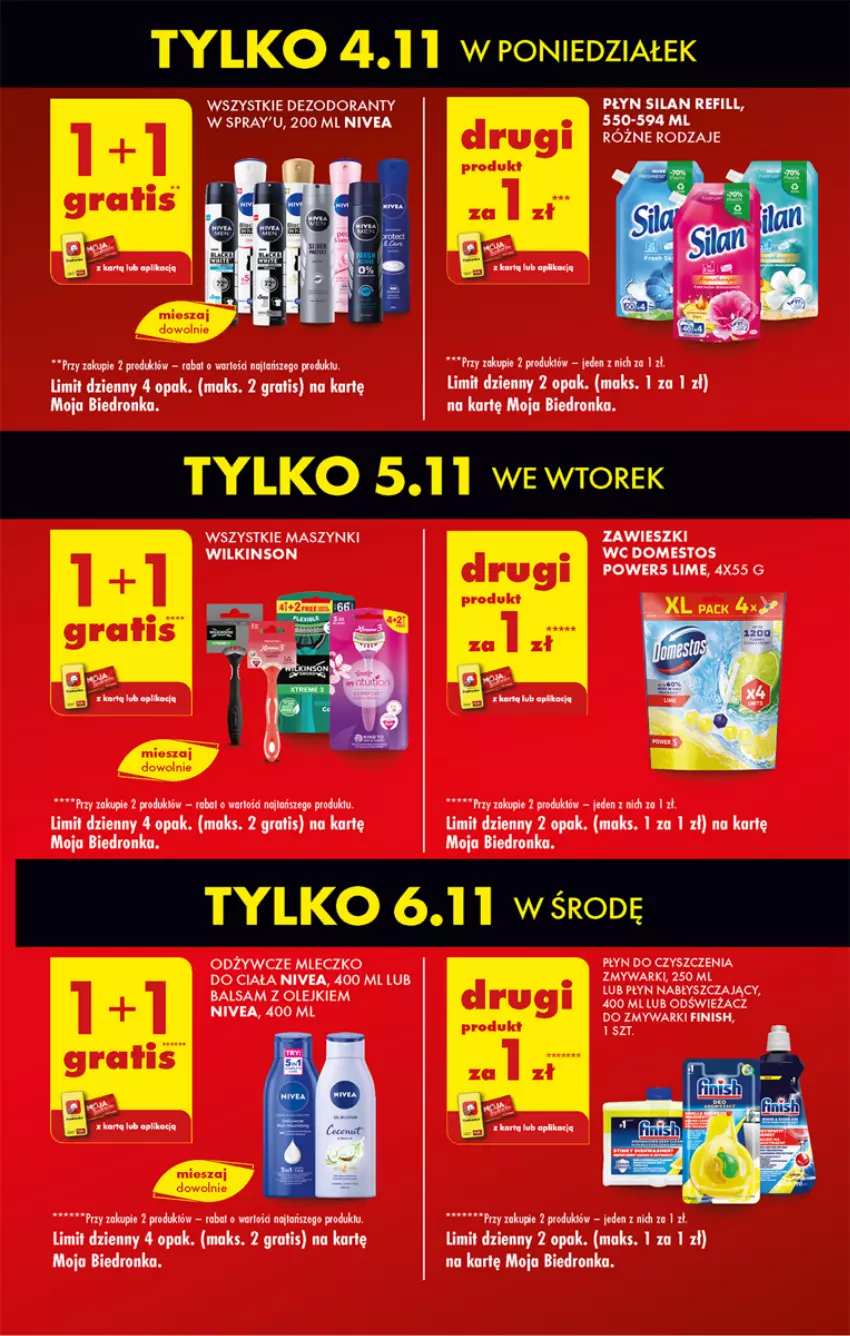 Gazetka promocyjna Biedronka - Od Poniedziałku - ważna 04.11 do 09.11.2024 - strona 13 - produkty: Dezodorant, Domestos, Finish, Gra, Mleczko, Mleczko do ciała, Nivea, Odświeżacz do zmywarki, Olej, Płyn nabłyszczający, Silan, Top, Zawieszki, Zmywarki