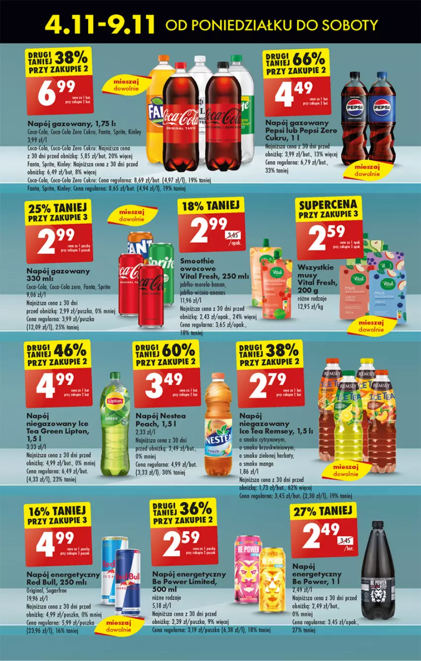 Gazetka promocyjna Biedronka - Od Poniedziałku - ważna 04.11 do 09.11.2024 - strona 53 - produkty: Ananas, Coca-Cola, Fa, Fanta, Gin, Lipton, Mango, Morela, Napój, Napój energetyczny, Napój gazowany, Napój niegazowany, Napoje, Nestea, Pepsi, Red Bull, Sprite